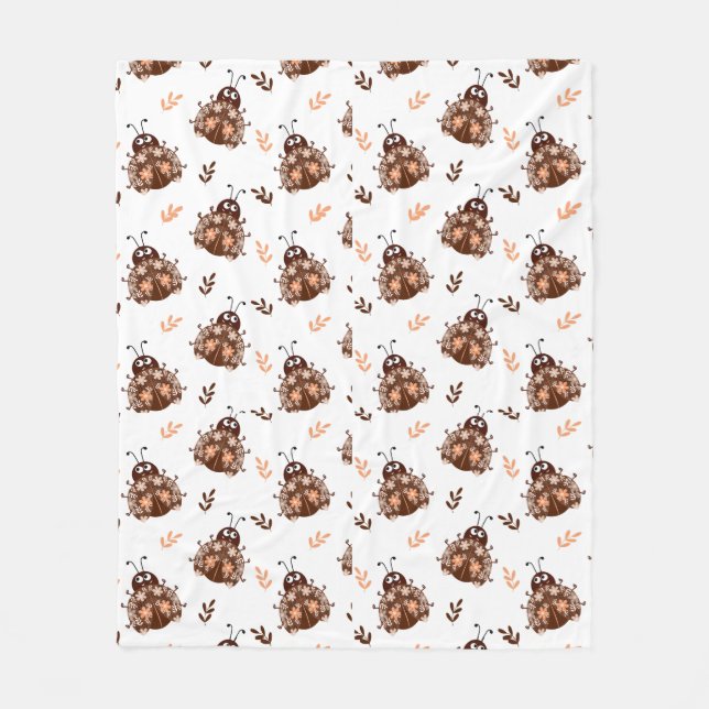 Cute Brown and Beige Ladybug and Flower Pattern Fleece Blanket (Front)