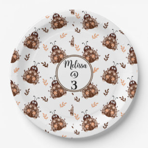 Cute Brown and Beige Ladybug and Flower Pattern Paper Plate