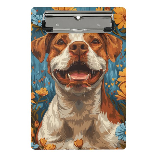 Cute Brown and White Dog and Flowers Mini Clipboard (Front)