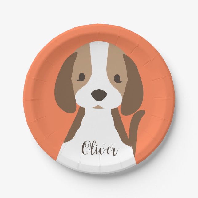 Cute brown and white dog portrait paper plate (Front)