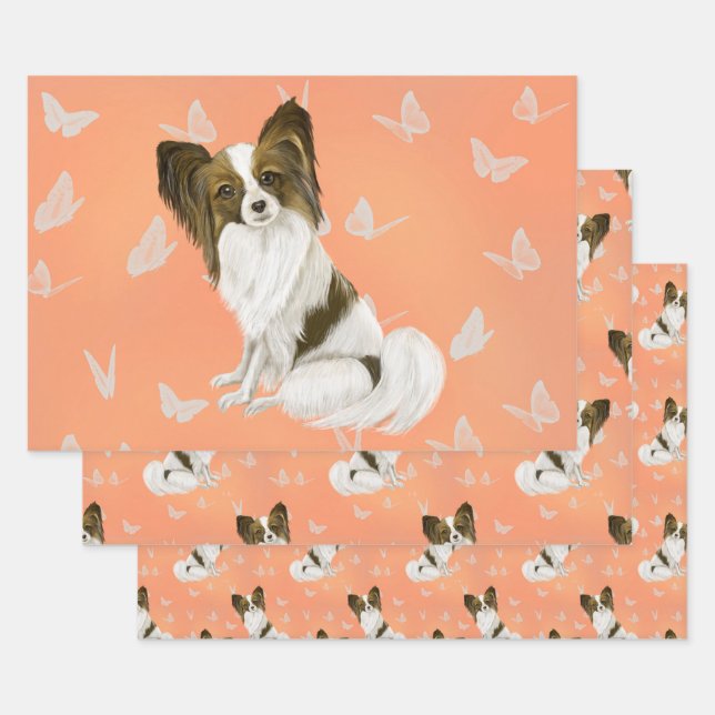 Cute Brown and white papillon dog Wrapping Paper Sheet (Set)