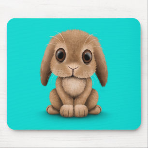 Cute Brown Baby Bunny Rabbit on Blue Mouse Pad