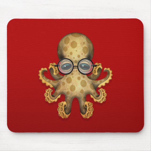 Cute Brown Baby Octopus Wearing Glasses on Red Mouse Pad (Front)