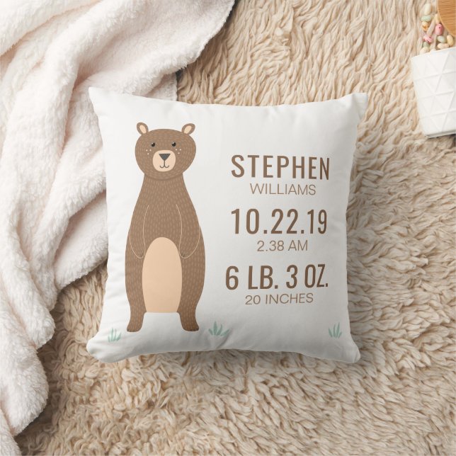 Cute Brown Bear Baby Birth Record Stats Cushion (Blanket)