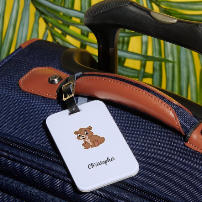 Cute brown bear blue luggage tag (Front Insitu 1)