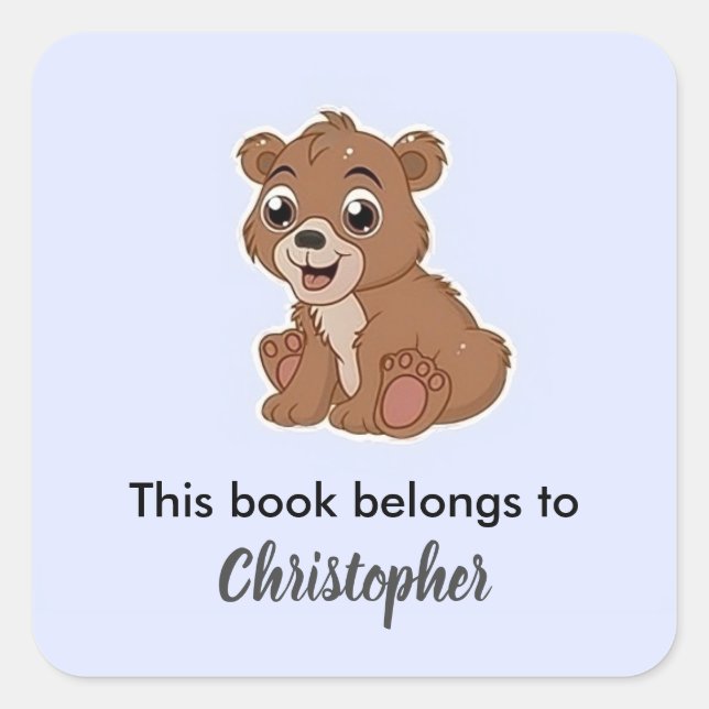 Cute brown bear blue square sticker (Front)