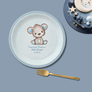 Cute Brown Bear Boy Plaid Blue Paper Plate