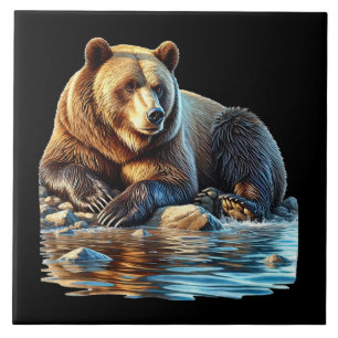 Cute brown bear country cabin lake house ceramic tile