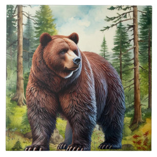 Cute brown bear country cabin lake house ceramic tile