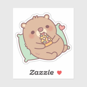 Cute Brown Bear Eating Mushroom Pizza