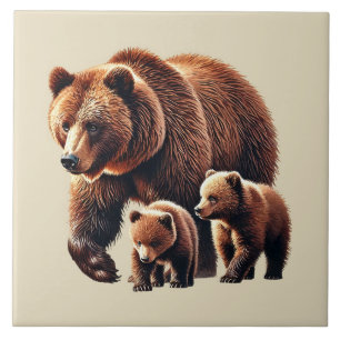 Cute brown bear family country cabin lake house ceramic tile