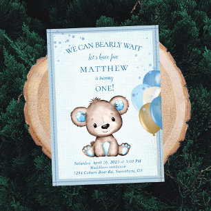 Cute Brown Bear For Boy First Birthday Invitation