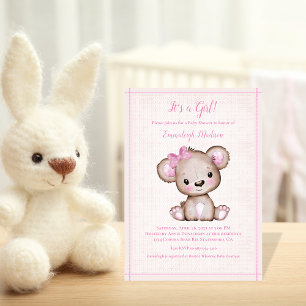 Cute Brown Bear For Girl Baby Shower Invitation