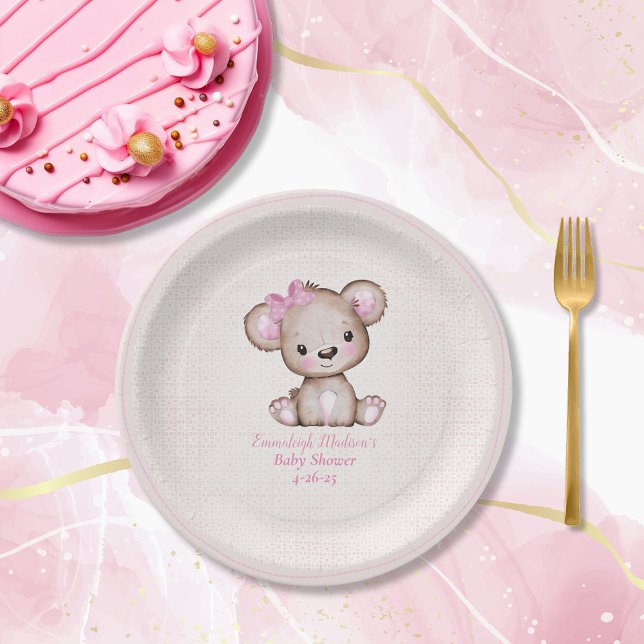 Cute Brown Bear Girl Plaid Pink Paper Plate (Creator Uploaded)