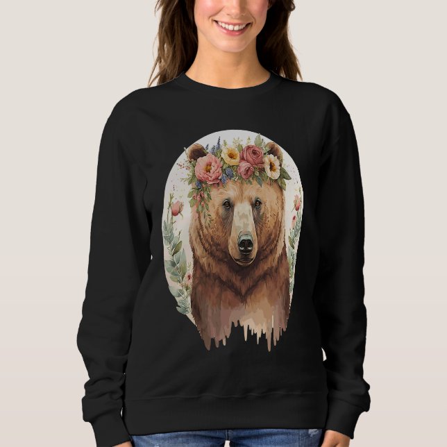 Cute Brown Bear Grizzly Flower Crown Animal Sweatshirt (Front)