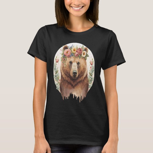 Cute Brown Bear Grizzly Flower Crown Animal T-Shirt (Front)