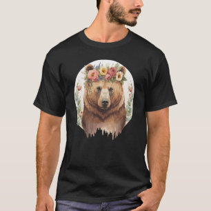 Cute Brown Bear Grizzly Flower Crown Animal T-Shirt