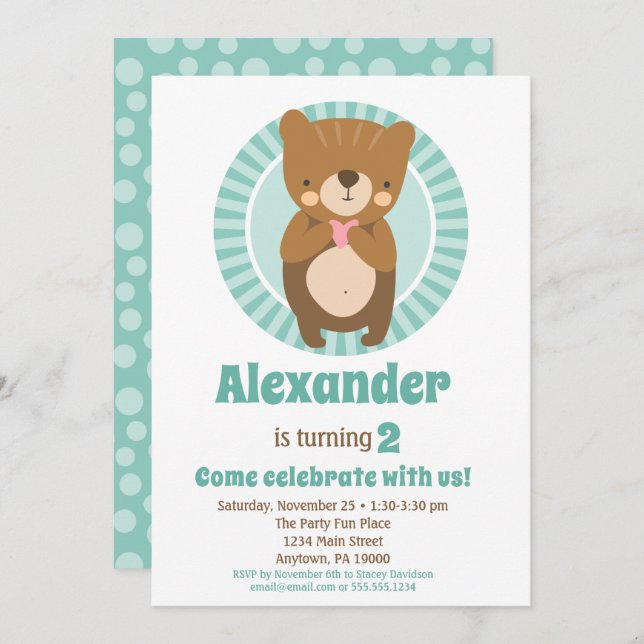 Cute Brown Bear Heart Birthday Invitation Boy Girl (Front/Back)