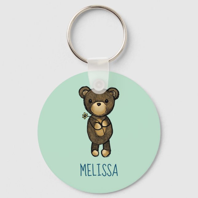 Cute Brown Bear Holding a Yellow Flower Custom Key Ring (Front)