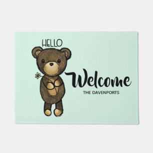 Cute Brown Bear Holding a Yellow Flower Doormat