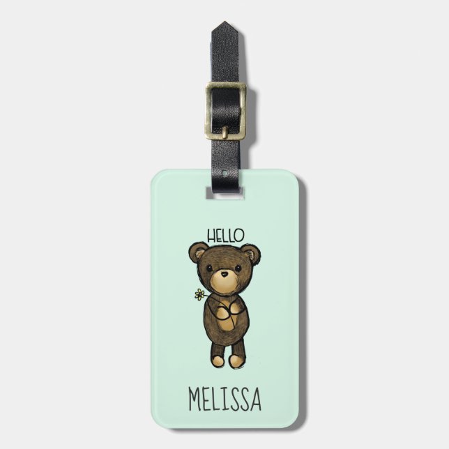 Cute Brown Bear Holding a Yellow Flower Luggage Tag (Front Vertical)