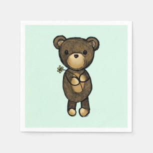 Cute Brown Bear Holding a Yellow Flower Napkin