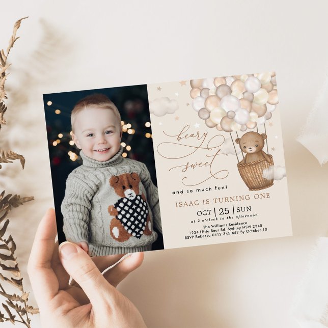 Cute Brown Bear Hot Air Balloon 1st Birthday Party Invitation (Creator Uploaded)