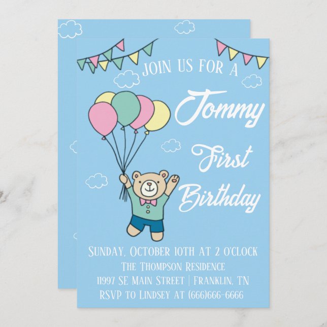 Cute Brown Bear Hot Air Balloon Boy Birthday Invitation (Front/Back)