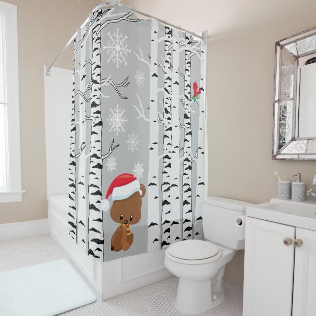 Cute brown bear in woodland snow cardinal bird  shower curtain (In Situ)