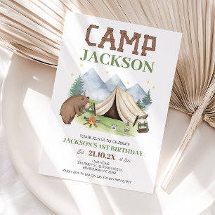 Cute Brown Bear Mountains Camp Themed 1st Birthday Invitation