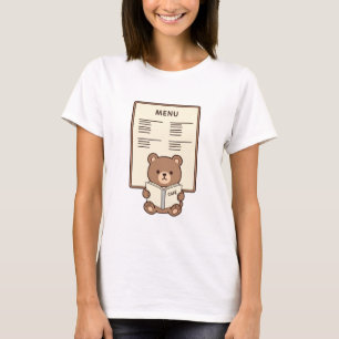 Cute Brown Bear Reading Cafe Menu Illustration T-Shirt