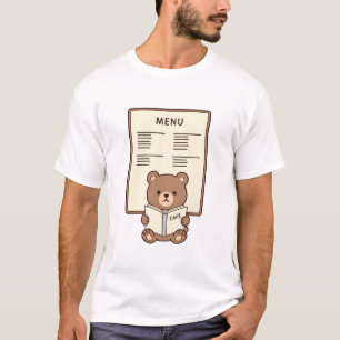 Cute Brown Bear Reading Cafe Menu Illustration T-Shirt