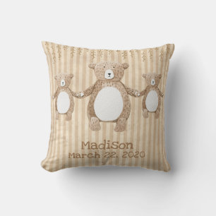 Cute Brown Bear Stripe Name Rustic Cushion