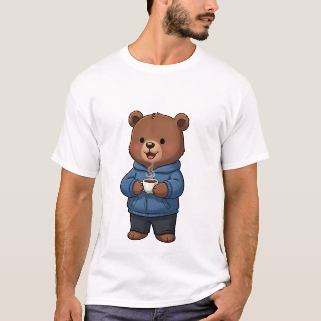 Cute Brown Bear Wearing Blue Hoodie T-Shirt (Front)