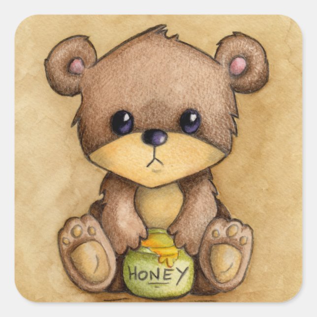 Cute Brown Bear With A Honey Pot Square Sticker (Front)