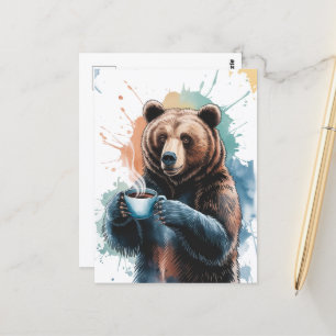Cute Brown Bear With Coffee Watercolor Postcard