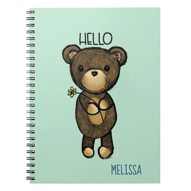 Cute Brown Bear with Yellow Flower Hello Notebook (Front)