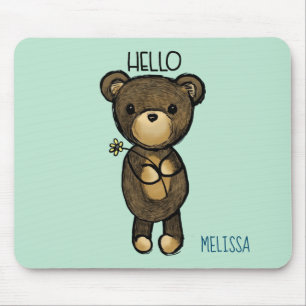 Cute Brown Bear with Yellow Flower Personalised Mouse Pad