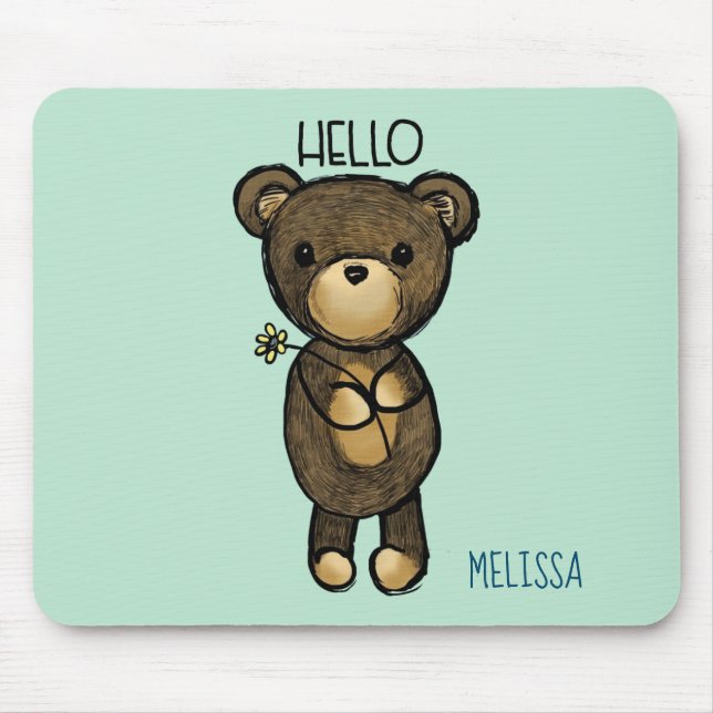 Cute Brown Bear with Yellow Flower Personalised Mouse Pad (Front)