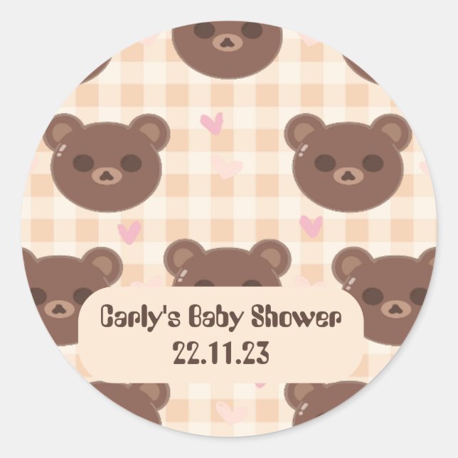 Cute Brown Bear Yellow Plaid Classic Round Sticker (Front)