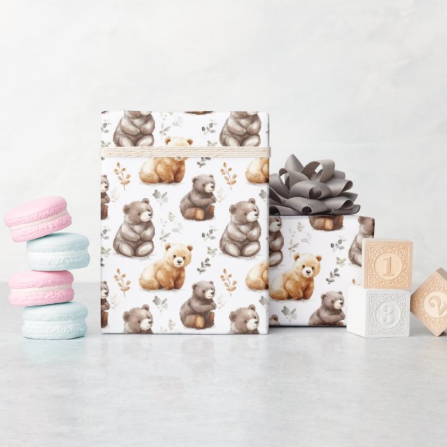 Cute Brown Bears on White Wrapping Paper (Baby Shower)