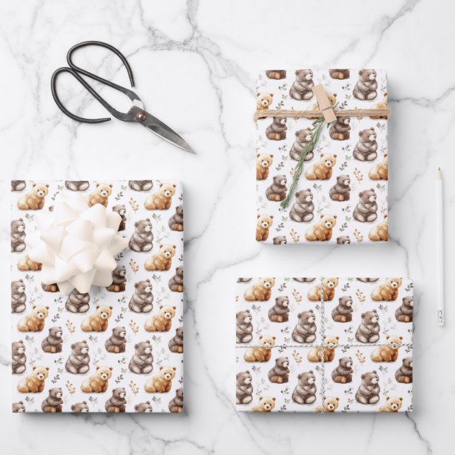 Cute Brown Bears on White Wrapping Paper Sheet (Front)