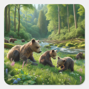 Cute Brown Bears Playing in the Forest Square Sticker