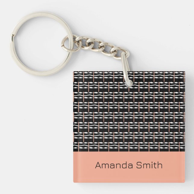Cute Brown, Black and White Bold Squares Pattern  Key Ring (Front)