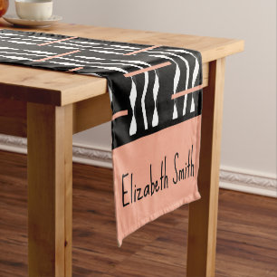 Cute Brown, Black and White Bold Squares Pattern Short Table Runner