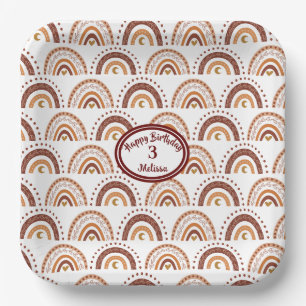 Cute Brown Boho Rainbow Whimsical Pattern Paper Plate