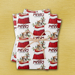 Cute Brown Bulldog Puppy in Holiday Gift Bag Wrapping Paper Sheet
