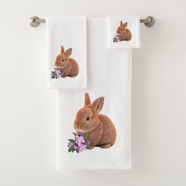 Cute Brown Bunny & Apple Flowers on White Bath Towel Set (Insitu)