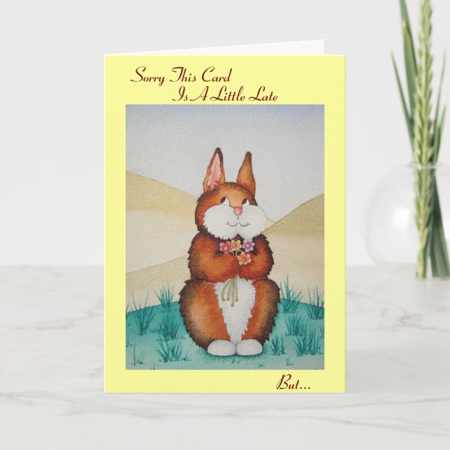 Cute brown bunny rabbit flowers belated birthday card (Front)