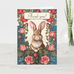 Cute Brown Bunny Rabbit Pink Rose Garden Thank You Card
